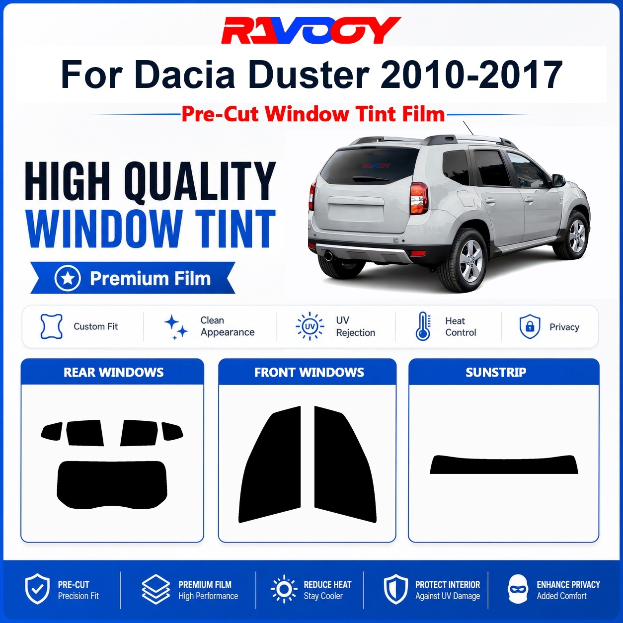 Privacy Screen Protector - ダチア・ダスター2010-2017用プレミアムプレカットウィンドウティント フロント＆リアウィンドウ UVカット 熱遮断 プライバシーフィルム