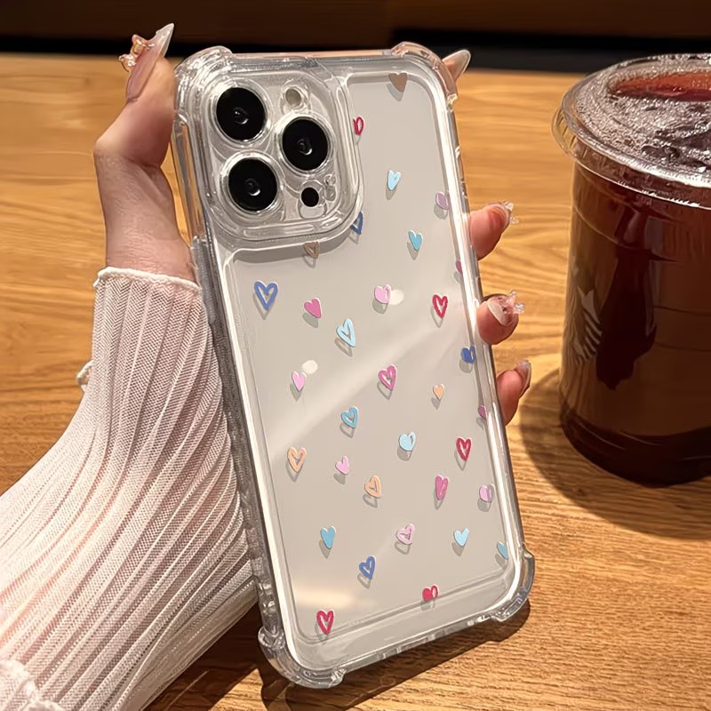 透明コーナーバンパー カラフルハート柄 iPhoneケース  - Apple Iphone 15 のレビューと価格
